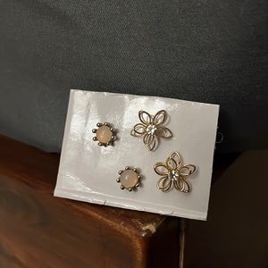 Gold flower and pink gem earring studs